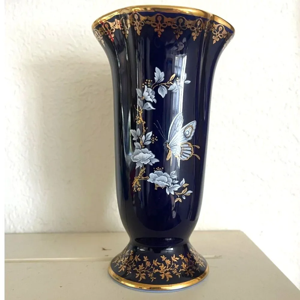 VTG Limoges France Cobalt Blue & Gold Butterfly Floral Vase Diffuse Par Valette